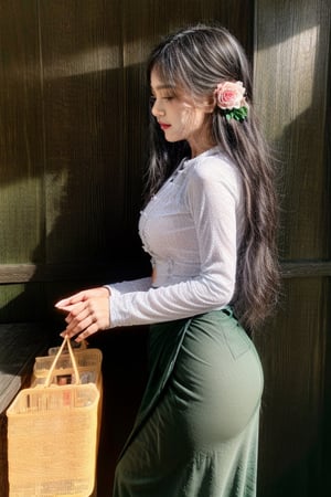 photorealistic, high resolution, masterpiece, best quality ,ultra-detailed, 1women, hair bun , jesmine flower on the head,  mature female, solo, hips up(side view), (wearing acmmsayarma outfit, acmmsayarma white top with buttons, long sleeves), ((acmmsayarma green long skirt))