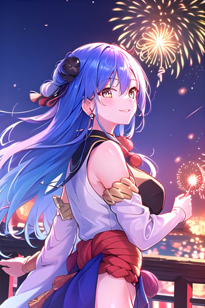  Vibrant azure blue hair, golden eyes, smiling, masterpiece, 1girl, best quality, outdoors, Japanese city, fireworks, night sky, looking at the fireworks in the sky with a smile as if enchanted by the beauty, side view of the girl looking up, waist shot, Velgrynd, tensura