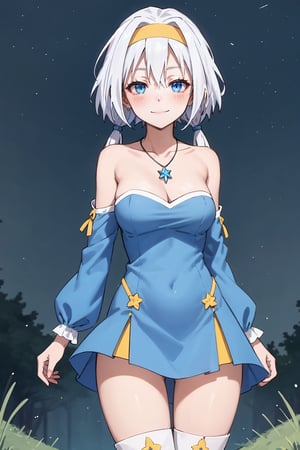 (masterpiece,  best quality,  intricate detail),  (illustration),  (beautiful detailed eyes),  (1girls),  (solo),  (beautiful detailed hair),  (better lights,  better shadows),
blue footwear, low twintails, blue eyes, blue dress, jewelry, hairband, bare shoulders, necklace, medium breasts, standing, detached sleeves,knee boots, cleavage, strapless, collarbone, white hair, strapless dress, yellow hairband, (breasts apart,  medium breasts,  wide hips,  milf,  mature female:1.2),  Grassy Terrain),  soft ambient lighting,  (blush:1.5),  looking at viewer,  (standing,  contrapposto,  thigh gap:1.2),  (facing viewer:1.5),  (Velzard,  blue eyes,  silver hair,  hair streaks),  (while dress with blue skirt)  closed mouth,  sad face,  frown,  (half closed eyes:1.2), (Velzard),  sexy girl, outdoors, fireworks, night sky, looking at the fireworks in the sky with a smile as if enchanted by the beauty, side view of the girl looking up, wide shot, ((smiling happily)),