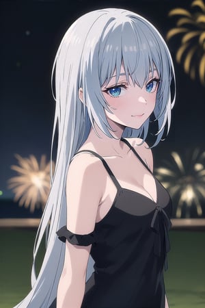 masterpiece, Silver Hair, Heterochromia (Red and Blue Eyes) 1girl, best quality, outdoors, fireworks, night sky, looking at the fireworks in the sky with a smile as if enchanted by the beauty, side view of the girl looking up, wide shot, looking at the viewer, smiling, looking at viewer