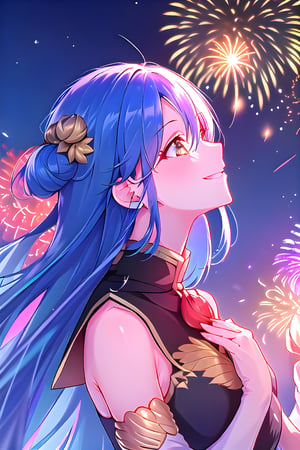  Vibrant azure blue hair, golden eyes, smiling, masterpiece, 1girl, best quality, outdoors, fireworks, night sky, looking at the fireworks in the sky with a smile as if enchanted by the beauty, side view of the girl looking up, wide shot, Velgrynd, tensura