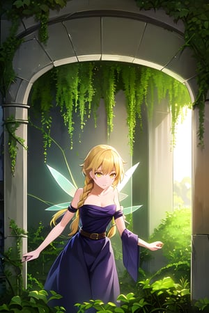 photorealistic, (4k), depth of field, (Masterpiece), (realistic skin texture), extremely detailed, intricate, hyper detailed, professional photography, bokeh, high resolution, sharp detail, best quality, fairy, fairy nature dress, strapless dress, blonde hair, twin braids, long braids, gold belt, black armguards, armlets, yellow eyes, (fairy wings), black earrings , (touching toes) , (dungeon:1.3), annoyed, (overgrown:1.5), (ruins:1.3), vines, (arch:1.2),