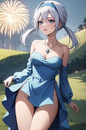 (masterpiece,  best quality,  intricate detail),  (illustration),  (beautiful detailed eyes),  (1girls),  (solo),  (beautiful detailed hair),  (better lights,  better shadows),
blue footwear, low twintails, blue eyes, blue dress, jewelry, hairband, bare shoulders, necklace, medium breasts, standing, detached sleeves,knee boots, cleavage, strapless, collarbone, white hair, strapless dress, yellow hairband, (breasts apart,  medium breasts,  wide hips,  milf,  mature female:1.2),  Grassy Terrain),  soft ambient lighting,  (blush:1.5),  looking at viewer,  (standing,  contrapposto,  thigh gap:1.2),  (facing viewer:1.5),  (Velzard,  blue eyes,  silver hair,  hair streaks),  (while dress with blue skirt)  closed mouth,  sad face,  frown,  (half closed eyes:1.2), (Velzard),  sexy girl, outdoors, fireworks, night sky, looking at the fireworks in the sky with a smile as if enchanted by the beauty, side view of the girl looking up, wide shot,