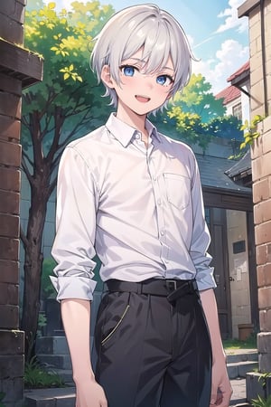 1man, ((best quality)), ((highly detailed)), masterpiece, ((official art)), detailed face, a 13 year old boy, silver white hair, short hair, deep blue eyes, detailed face, waist-up shot, HDRI, masterpiece, smooth, sharp focus, illustration, emo, pupiles, happy, casual cloths, a bit muscular, and man build,