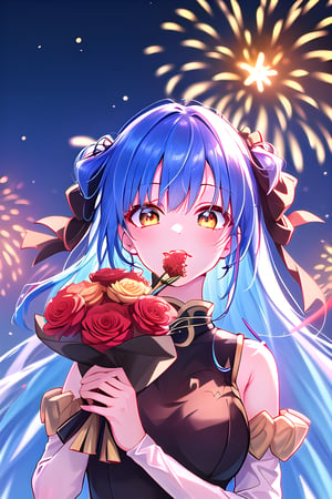 Vibrant azure blue hair, golden eyes, soft smile, masterpiece, 1girl, best quality, outdoors, fireworks, night sky, holding a small bouquet of flowers, looking up at the fireworks dreamily, Velgrynd, Tensura,