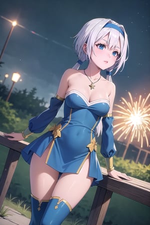 (masterpiece,  best quality,  intricate detail),  (illustration),  (beautiful detailed eyes),  (1girls),  (solo),  (beautiful detailed hair),  (better lights,  better shadows),
blue footwear, low twintails, blue eyes, blue dress, jewelry, hairband, bare shoulders, necklace, medium breasts, standing, detached sleeves,knee boots, cleavage, strapless, collarbone, white hair, strapless dress, yellow hairband, (breasts apart,  medium breasts,  wide hips,  milf,  mature female:1.2),  Grassy Terrain),  soft ambient lighting,  (blush:1.5),  looking at viewer,  (standing,  contrapposto,  thigh gap:1.2),  (facing viewer:1.5),  (Velzard,  blue eyes,  silver hair,  hair streaks),  (while dress with blue skirt)  closed mouth,  sad face,  frown,  (half closed eyes:1.2), (Velzard),  sexy girl, outdoors, fireworks, night sky, looking at the fireworks in the sky with a smile as if enchanted by the beauty, side view of the girl looking up, wide shot,