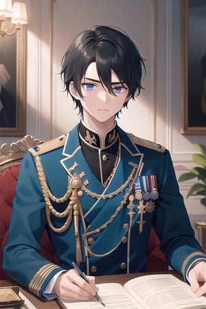 1boy, royal military outfit, blue eyes, black hair, Craft an AI-generated artwork portraying a young man adorned in the attire of royal military regalia. The uniform should be meticulously detailed, featuring ornate embellishments and regal insignia. His sleek, ebony hair should be impeccably styled, framing a face that exudes determination and nobility. His piercing blue eyes should convey a sense of depth and wisdom, adding a captivating allure to his countenance. Set the scene against the backdrop of a majestic palace interior, complete with lavish furnishings and opulent decor, highlighting the grandeur of this esteemed character. Additionally, ensure that the military coat he wears is of a rich, royal blue color, signifying his noble status and authority