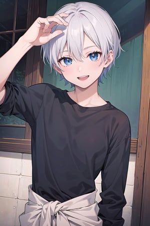 1man, ((best quality)), ((highly detailed)), masterpiece, ((official art)), detailed face, a 13 year old boy, silver white hair, short hair, deep blue eyes, detailed face, waist-up shot, HDRI, masterpiece, smooth, sharp focus, illustration, emo, pupiles, happy, casual cloths