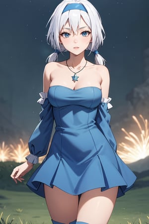 (masterpiece,  best quality,  intricate detail),  (illustration),  (beautiful detailed eyes),  (1girls),  (solo),  (beautiful detailed hair),  (better lights,  better shadows),
blue footwear, low twintails, blue eyes, blue dress, jewelry, hairband, bare shoulders, necklace, medium breasts, standing, detached sleeves,knee boots, cleavage, strapless, collarbone, white hair, strapless dress, yellow hairband, (breasts apart,  medium breasts,  wide hips,  milf,  mature female:1.2),  Grassy Terrain),  soft ambient lighting,  (blush:1.5),  looking at viewer,  (standing,  contrapposto,  thigh gap:1.2),  (facing viewer:1.5),  (Velzard,  blue eyes,  silver hair,  hair streaks),  (while dress with blue skirt)  closed mouth,  sad face,  frown,  (half closed eyes:1.2), (Velzard),  sexy girl, outdoors, fireworks, night sky, looking at the fireworks in the sky with a smile as if enchanted by the beauty, side view of the girl looking up, wide shot,
