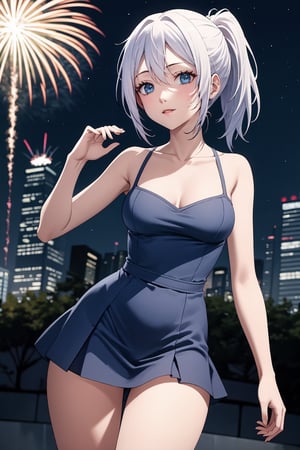 (masterpiece,  best quality,  intricate detail),  (illustration),  (beautiful detailed eyes),  (1girls),  (solo),  (beautiful detailed hair),  (better lights,  better shadows),  (breasts apart,  medium breasts,  wide hips,  milf,  mature female:1.2),  city),  soft ambient lighting,  (blush:1.5),  looking at viewer,  (standing,  contrapposto,  thigh gap:1.2),  (facing viewer:1.5),  (Velzard,  blue eyes,  silver hair,  hair streaks),  (bangs,  hair between eyes,  short ponytail:1.2),  (while dress with blue skirt)  closed mouth,  sad face,  frown,  (half closed eyes:1.2),  sexy girl, outdoors, fireworks, night sky, looking at the fireworks in the sky with a smile as if enchanted by the beauty, side view of the girl looking up, wide shot, 