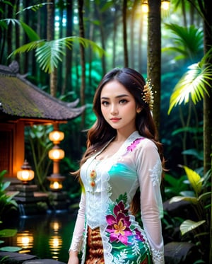 Create a photorealistic masterpiece of a beautiful woman with long hair wearing traditional Indonesian white kebaya attire. Set her against a dark, forest backdrop with a captivating glow in the background and bokeh effect. Ensure the image quality is 8K with ultra-realistic details.,kebaya
