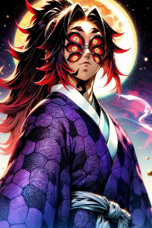 Highly detailed. High Quality, Masterpiece,beautiful, Make an image of Kokushibo from the anime Kimetsu no Yaiba, May he be faithful to his 6 eyes, with a moon in maroon tones and smoke also in maroon tones