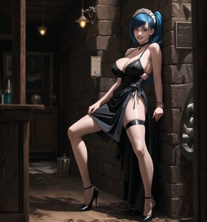 An ultra-detailed 4K masterpiece with gothic and horror styles, rendered in ultra-high resolution with realistic graphic details. | Daiana, a young 23-year-old woman with huge breasts, is dressed in a maid outfit, consisting of a tight black dress with white details, black stockings and black low-heeled shoes. She is also wearing a white apron, a white maid cap, silver heart earrings, and a black leather bracelet. Her blue hair is long and straight, falling over her shoulders in a half-up hairstyle. ((She has red eyes, which are looking straight at the viewer with a seductive smile, showing her shiny white teeth)). It is located in a macabre destroyed and filthy house, with rock, concrete and wooden structures. The place is poorly lit, with pipes and machines scattered across the floor. The atmosphere is creepy and uncomfortable, with ominous shadows moving through the hallways and strange sounds echoing through the building. | The image highlights Daiana's sensual figure and the architectural elements of the house. The rock, concrete and wooden structures, along with the pipes and machines, create a gothic and horror environment. Dim, intermittent lights illuminate the scene, creating eerie shadows and highlighting the details of the scene. | Soft, shadowy lighting effects create a tense, fear-filled atmosphere, while detailed textures on skin and clothing add realism to the image. | A frightening and seductive scene of a young woman dressed as a maid in a macabre destroyed house, exploring themes of horror, fear and seduction. | (((The image reveals a full-body shot as Daiana assumes a sensual pose, engagingly leaning against a structure within the scene in an exciting manner. She takes on a sensual pose as she interacts, boldly leaning on a structure, leaning back and boldly throwing herself onto the structure, reclining back in an exhilarating way.))). | ((((full-body shot)))), ((perfect pose)), ((perfect arms):1.2), ((perfect limbs, perfect fingers, better hands, perfect hands, hands)), ((perfect legs, perfect feet):1.2), Daiana has (((huge breasts))), ((perfect design)), ((perfect composition)), ((very detailed scene, very detailed background, perfect layout, correct imperfections)), Enhance, Ultra details, More Detail, ((poakl))