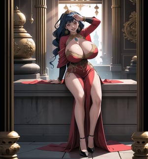 An ultra-detailed 4K masterpiece with fantasy and horror styles, rendered in ultra-high resolution with realistic graphic details. | Daiana, a young 23-year-old woman with huge breasts, is dressed in a Persian princess costume, consisting of a long, flowing purple dress with gold details, a red silk cape, black stockings and low-heeled shoes. golden. She is also wearing a golden circlet with precious stones, silver heart earrings and a black leather bracelet. Her blue hair is long and straight, falling over her shoulders in a half-up hairstyle. ((She has red eyes, which are looking straight at the viewer with a seductive smile, showing her shiny white teeth)). It is located in a macabre destroyed and filthy Persian temple, with rock, concrete and wooden structures. The place is poorly lit, with pipes and machines scattered across the floor. The atmosphere is creepy and uncomfortable, with ominous shadows moving through the hallways and strange sounds echoing through the building. | The image highlights Daiana's sensual figure and the architectural elements of the temple. The rock, concrete and wooden structures, along with the pipes and machines, create an environment of fantasy and horror. Dim, intermittent lights illuminate the scene, creating eerie shadows and highlighting the details of the scene. | Soft, shadowy lighting effects create a tense, fear-filled atmosphere, while detailed textures on skin and clothing add realism to the image. | A frightening and seductive scene of a young woman dressed as a Persian princess in a macabre destroyed temple, exploring themes of fantasy, horror, fear and seduction. | (((The image reveals a full-body shot as Daiana assumes a sensual pose, engagingly leaning against a structure within the scene in an exciting manner. She takes on a sensual pose as she interacts, boldly leaning on a structure, leaning back and boldly throwing herself onto the structure, reclining back in an exhilarating way.))). | ((((full-body shot)))), ((perfect pose)), ((perfect arms):1.2), ((perfect limbs, perfect fingers, better hands, perfect hands, hands)), ((perfect legs, perfect feet):1.2), Daiana has (((huge breasts))), ((perfect design)), ((perfect composition)), ((very detailed scene, very detailed background, perfect layout, correct imperfections)), Enhance, Ultra details, More Detail, ((poakl))