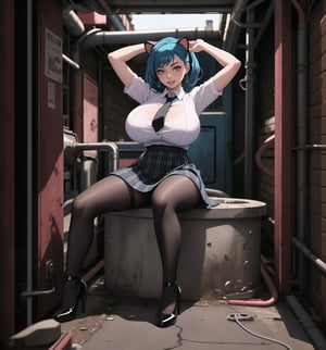 An ultra-detailed 4K masterpiece with sensual and cyberpunk styles, rendered in ultra-high resolution with realistic details. | Carla, a young 23-year-old woman with huge breasts, is dressed in a school outfit, consisting of a white blouse, a black and white plaid skirt, black socks and black low-heeled shoes. She is also wearing a black tie, a black school cap with blue cat ears, silver heart earrings, and a black leather bracelet. Her blue hair is long and straight, falling over her shoulders in a half-up hairstyle. She has red eyes, which are looking straight at the viewer with a seductive smile, showing her shiny white teeth. It is located in a filthy sewer, with rock, concrete and wooden structures. The place is poorly lit, with pipes and machines scattered across the floor. The atmosphere is dirty and uncomfortable, but Carla seems to feel comfortable and safe in the midst of it all. | The image highlights Carla's sensual figure and the cyberpunk elements of the setting. The rock, concrete, and wooden structures create a grungy, uncomfortable atmosphere, but the colorful lighting and technological details add a futuristic, modern touch. | The composition of the image is balanced and dynamic, with emphasis on Carla's sensual pose and the details of the scenery. The camera is positioned to highlight Carla's beauty and confidence amidst the dirt and clutter. | The overall effect of the image is sensual and cyberpunk, with an emphasis on Carla's beauty and sensuality in contrast to the dirty and uncomfortable setting. Lighting effects and technological details contribute to an immersive and futuristic visual experience. | Carla in a filthy sewer, creating a sensual and cyberpunk atmosphere. | (((The image reveals a full-body shot as Carla assumes a sensual pose, engagingly leaning against a structure within the scene in an exciting manner. She takes on a sensual pose as she interacts, boldly leaning on a structure, leaning back and boldly throwing herself onto the structure, reclining back in an exhilarating way.))). | ((((full-body shot)))), ((perfect pose)), ((perfect arms):1.2), ((perfect limbs, perfect fingers, better hands, perfect hands, hands)), ((perfect legs, perfect feet):1.2), Carla has huge breasts, ((perfect design)), ((perfect composition)), ((very detailed scene, very detailed background, perfect layout, correct imperfections)), Enhance, Ultra details, More Detail, ((poakl)),