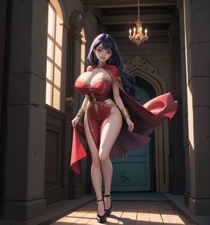 An ultra-detailed 4K masterpiece with fantasy and horror styles, rendered in ultra-high resolution with realistic graphic details. | Daiana, a young 23-year-old woman with huge breasts, is dressed in a Persian princess costume, consisting of a long, flowing purple dress with gold details, a red silk cape, black stockings and low-heeled shoes. golden. She is also wearing a golden circlet with precious stones, silver heart earrings and a black leather bracelet. Her blue hair is long and straight, falling over her shoulders in a half-up hairstyle. ((She has red eyes, which are looking straight at the viewer with a seductive smile, showing her shiny white teeth)). It is located in a macabre destroyed and filthy Persian temple, with rock, concrete and wooden structures. The place is poorly lit, with pipes and machines scattered across the floor. The atmosphere is creepy and uncomfortable, with ominous shadows moving through the hallways and strange sounds echoing through the building. | The image highlights Daiana's sensual figure and the architectural elements of the temple. The rock, concrete and wooden structures, along with the pipes and machines, create an environment of fantasy and horror. Dim, intermittent lights illuminate the scene, creating eerie shadows and highlighting the details of the scene. | Soft, shadowy lighting effects create a tense, fear-filled atmosphere, while detailed textures on skin and clothing add realism to the image. | A frightening and seductive scene of a young woman dressed as a Persian princess in a macabre destroyed temple, exploring themes of fantasy, horror, fear and seduction. | (((The image reveals a full-body shot as Daiana assumes a sensual pose, engagingly leaning against a structure within the scene in an exciting manner. She takes on a sensual pose as she interacts, boldly leaning on a structure, leaning back and boldly throwing herself onto the structure, reclining back in an exhilarating way.))). | ((((full-body shot)))), ((perfect pose)), ((perfect arms):1.2), ((perfect limbs, perfect fingers, better hands, perfect hands, hands)), ((perfect legs, perfect feet):1.2), Daiana has (((huge breasts))), ((perfect design)), ((perfect composition)), ((very detailed scene, very detailed background, perfect layout, correct imperfections)), Enhance, Ultra details, More Detail, ((poakl)),