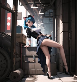 An ultra-detailed 4K masterpiece with sensual and cyberpunk styles, rendered in ultra-high resolution with realistic details. | Carla, a young 23-year-old woman with huge breasts, is dressed in a school outfit, consisting of a white blouse, a black and white plaid skirt, black socks and black low-heeled shoes. She is also wearing a black tie, a black school cap with blue cat ears, silver heart earrings, and a black leather bracelet. Her blue hair is long and straight, falling over her shoulders in a half-up hairstyle. She has red eyes, which are looking straight at the viewer with a seductive smile, showing her shiny white teeth. It is located in a filthy sewer, with rock, concrete and wooden structures. The place is poorly lit, with pipes and machines scattered across the floor. The atmosphere is dirty and uncomfortable, but Carla seems to feel comfortable and safe in the midst of it all. | The image highlights Carla's sensual figure and the cyberpunk elements of the setting. The rock, concrete, and wooden structures create a grungy, uncomfortable atmosphere, but the colorful lighting and technological details add a futuristic, modern touch. | The composition of the image is balanced and dynamic, with emphasis on Carla's sensual pose and the details of the scenery. The camera is positioned to highlight Carla's beauty and confidence amidst the dirt and clutter. | The overall effect of the image is sensual and cyberpunk, with an emphasis on Carla's beauty and sensuality in contrast to the dirty and uncomfortable setting. Lighting effects and technological details contribute to an immersive and futuristic visual experience. | Carla in a filthy sewer, creating a sensual and cyberpunk atmosphere. | (((The image reveals a full-body shot as Carla assumes a sensual pose, engagingly leaning against a structure within the scene in an exciting manner. She takes on a sensual pose as she interacts, boldly leaning on a structure, leaning back and boldly throwing herself onto the structure, reclining back in an exhilarating way.))). | ((((full-body shot)))), ((perfect pose)), ((perfect arms):1.2), ((perfect limbs, perfect fingers, better hands, perfect hands, hands)), ((perfect legs, perfect feet):1.2), Carla has ((huge breasts)), ((perfect design)), ((perfect composition)), ((very detailed scene, very detailed background, perfect layout, correct imperfections)), Enhance, Ultra details, More Detail, ((poakl)),