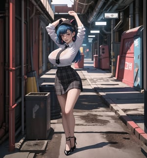 An ultra-detailed 4K masterpiece with sensual and cyberpunk styles, rendered in ultra-high resolution with realistic details. | Carla, a young 23-year-old woman with huge breasts, is dressed in a school outfit, consisting of a white blouse, a black and white plaid skirt, black socks and black low-heeled shoes. She is also wearing a black tie, a black school cap with blue cat ears, silver heart earrings, and a black leather bracelet. Her blue hair is long and straight, falling over her shoulders in a half-up hairstyle. She has red eyes, which are looking straight at the viewer with a seductive smile, showing her shiny white teeth. It is located in a filthy sewer, with rock, concrete and wooden structures. The place is poorly lit, with pipes and machines scattered across the floor. The atmosphere is dirty and uncomfortable, but Carla seems to feel comfortable and safe in the midst of it all. | The image highlights Carla's sensual figure and the cyberpunk elements of the setting. The rock, concrete, and wooden structures create a grungy, uncomfortable atmosphere, but the colorful lighting and technological details add a futuristic, modern touch. | The composition of the image is balanced and dynamic, with emphasis on Carla's sensual pose and the details of the scenery. The camera is positioned to highlight Carla's beauty and confidence amidst the dirt and clutter. | The overall effect of the image is sensual and cyberpunk, with an emphasis on Carla's beauty and sensuality in contrast to the dirty and uncomfortable setting. Lighting effects and technological details contribute to an immersive and futuristic visual experience. | Carla in a filthy sewer, creating a sensual and cyberpunk atmosphere. | (((The image reveals a full-body shot as Carla assumes a sensual pose, engagingly leaning against a structure within the scene in an exciting manner. She takes on a sensual pose as she interacts, boldly leaning on a structure, leaning back and boldly throwing herself onto the structure, reclining back in an exhilarating way.))). | ((((full-body shot)))), ((perfect pose)), ((perfect arms):1.2), ((perfect limbs, perfect fingers, better hands, perfect hands, hands)), ((perfect legs, perfect feet):1.2), ((Carla has huge breasts)), ((perfect design)), ((perfect composition)), ((very detailed scene, very detailed background, perfect layout, correct imperfections)), Enhance, Ultra details, More Detail, ((poakl))