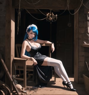 An ultra-detailed 4K masterpiece with gothic and horror styles, rendered in ultra-high resolution with realistic graphic details. | Daiana, a young 23-year-old woman with huge breasts, is dressed in a maid outfit, consisting of a tight black dress with white details, black stockings and black low-heeled shoes. She is also wearing a white apron, a white maid cap, silver heart earrings, and a black leather bracelet. Her blue hair is long and straight, falling over her shoulders in a half-up hairstyle. ((She has red eyes, which are looking straight at the viewer with a seductive smile, showing her shiny white teeth)). It is located in a macabre destroyed and filthy house, with rock, concrete and wooden structures. The place is poorly lit, with pipes and machines scattered across the floor. The atmosphere is creepy and uncomfortable, with ominous shadows moving through the hallways and strange sounds echoing through the building. | The image highlights Daiana's sensual figure and the architectural elements of the house. The rock, concrete and wooden structures, along with the pipes and machines, create a gothic and horror environment. Dim, intermittent lights illuminate the scene, creating eerie shadows and highlighting the details of the scene. | Soft, shadowy lighting effects create a tense, fear-filled atmosphere, while detailed textures on skin and clothing add realism to the image. | A frightening and seductive scene of a young woman dressed as a maid in a macabre destroyed house, exploring themes of horror, fear and seduction. | (((The image reveals a full-body shot as Daiana assumes a sensual pose, engagingly leaning against a structure within the scene in an exciting manner. She takes on a sensual pose as she interacts, boldly leaning on a structure, leaning back and boldly throwing herself onto the structure, reclining back in an exhilarating way.))). | ((((full-body shot)))), ((perfect pose)), ((perfect arms):1.2), ((perfect limbs, perfect fingers, better hands, perfect hands, hands)), ((perfect legs, perfect feet):1.2), Daiana has (((huge breasts))), ((perfect design)), ((perfect composition)), ((very detailed scene, very detailed background, perfect layout, correct imperfections)), Enhance, Ultra details, More Detail, ((poakl))