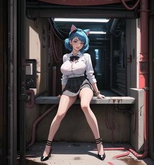 An ultra-detailed 4K masterpiece with sensual and cyberpunk styles, rendered in ultra-high resolution with realistic details. | Carla, a young 23-year-old woman with huge breasts, is dressed in a school outfit, consisting of a white blouse, a black and white plaid skirt, black socks and black low-heeled shoes. She is also wearing a black tie, a black school cap with blue cat ears, silver heart earrings, and a black leather bracelet. Her blue hair is long and straight, falling over her shoulders in a half-up hairstyle. She has red eyes, which are looking straight at the viewer with a seductive smile, showing her shiny white teeth. It is located in a filthy sewer, with rock, concrete and wooden structures. The place is poorly lit, with pipes and machines scattered across the floor. The atmosphere is dirty and uncomfortable, but Carla seems to feel comfortable and safe in the midst of it all. | The image highlights Carla's sensual figure and the cyberpunk elements of the setting. The rock, concrete, and wooden structures create a grungy, uncomfortable atmosphere, but the colorful lighting and technological details add a futuristic, modern touch. | The composition of the image is balanced and dynamic, with emphasis on Carla's sensual pose and the details of the scenery. The camera is positioned to highlight Carla's beauty and confidence amidst the dirt and clutter. | The overall effect of the image is sensual and cyberpunk, with an emphasis on Carla's beauty and sensuality in contrast to the dirty and uncomfortable setting. Lighting effects and technological details contribute to an immersive and futuristic visual experience. | Carla in a filthy sewer, creating a sensual and cyberpunk atmosphere. | (((The image reveals a full-body shot as Carla assumes a sensual pose, engagingly leaning against a structure within the scene in an exciting manner. She takes on a sensual pose as she interacts, boldly leaning on a structure, leaning back and boldly throwing herself onto the structure, reclining back in an exhilarating way.))). | ((((full-body shot)))), ((perfect pose)), ((perfect arms):1.2), ((perfect limbs, perfect fingers, better hands, perfect hands, hands)), ((perfect legs, perfect feet):1.2), Carla has ((huge breasts):1.3), ((perfect design)), ((perfect composition)), ((very detailed scene, very detailed background, perfect layout, correct imperfections)), Enhance, Ultra details, More Detail, ((poakl)),