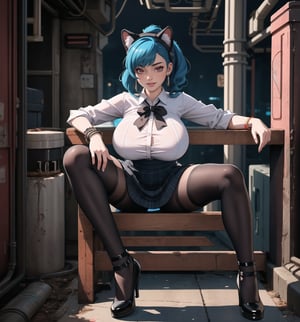 An ultra-detailed 4K masterpiece with sensual and cyberpunk styles, rendered in ultra-high resolution with realistic details. | Carla, a young 23-year-old woman with huge breasts, is dressed in a school outfit, consisting of a white blouse, a black and white plaid skirt, black socks and black low-heeled shoes. She is also wearing a black tie, a black school cap with blue cat ears, silver heart earrings, and a black leather bracelet. Her blue hair is long and straight, falling over her shoulders in a half-up hairstyle. She has red eyes, which are looking straight at the viewer with a seductive smile, showing her shiny white teeth. It is located in a filthy sewer, with rock, concrete and wooden structures. The place is poorly lit, with pipes and machines scattered across the floor. The atmosphere is dirty and uncomfortable, but Carla seems to feel comfortable and safe in the midst of it all. | The image highlights Carla's sensual figure and the cyberpunk elements of the setting. The rock, concrete, and wooden structures create a grungy, uncomfortable atmosphere, but the colorful lighting and technological details add a futuristic, modern touch. | The composition of the image is balanced and dynamic, with emphasis on Carla's sensual pose and the details of the scenery. The camera is positioned to highlight Carla's beauty and confidence amidst the dirt and clutter. | The overall effect of the image is sensual and cyberpunk, with an emphasis on Carla's beauty and sensuality in contrast to the dirty and uncomfortable setting. Lighting effects and technological details contribute to an immersive and futuristic visual experience. | Carla in a filthy sewer, creating a sensual and cyberpunk atmosphere. | (((The image reveals a full-body shot as Carla assumes a sensual pose, engagingly leaning against a structure within the scene in an exciting manner. She takes on a sensual pose as she interacts, boldly leaning on a structure, leaning back and boldly throwing herself onto the structure, reclining back in an exhilarating way.))). | ((((full-body shot)))), ((perfect pose)), ((perfect arms):1.2), ((perfect limbs, perfect fingers, better hands, perfect hands, hands)), ((perfect legs, perfect feet):1.2), Carla has huge breasts, ((perfect design)), ((perfect composition)), ((very detailed scene, very detailed background, perfect layout, correct imperfections)), Enhance, Ultra details, More Detail, ((poakl)),
