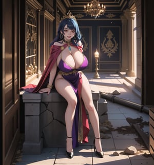 An ultra-detailed 4K masterpiece with fantasy and horror styles, rendered in ultra-high resolution with realistic graphic details. | Daiana, a young 23-year-old woman with huge breasts, is dressed in a Persian princess costume, consisting of a long, flowing purple dress with gold details, a red silk cape, black stockings and low-heeled shoes. golden. She is also wearing a golden circlet with precious stones, silver heart earrings and a black leather bracelet. Her blue hair is long and straight, falling over her shoulders in a half-up hairstyle. ((She has red eyes, which are looking straight at the viewer with a seductive smile, showing her shiny white teeth)). It is located in a macabre destroyed and filthy Persian temple, with rock, concrete and wooden structures. The place is poorly lit, with pipes and machines scattered across the floor. The atmosphere is creepy and uncomfortable, with ominous shadows moving through the hallways and strange sounds echoing through the building. | The image highlights Daiana's sensual figure and the architectural elements of the temple. The rock, concrete and wooden structures, along with the pipes and machines, create an environment of fantasy and horror. Dim, intermittent lights illuminate the scene, creating eerie shadows and highlighting the details of the scene. | Soft, shadowy lighting effects create a tense, fear-filled atmosphere, while detailed textures on skin and clothing add realism to the image. | A frightening and seductive scene of a young woman dressed as a Persian princess in a macabre destroyed temple, exploring themes of fantasy, horror, fear and seduction. | (((The image reveals a full-body shot as Daiana assumes a sensual pose, engagingly leaning against a structure within the scene in an exciting manner. She takes on a sensual pose as she interacts, boldly leaning on a structure, leaning back and boldly throwing herself onto the structure, reclining back in an exhilarating way.))). | ((((full-body shot)))), ((perfect pose)), ((perfect arms):1.2), ((perfect limbs, perfect fingers, better hands, perfect hands, hands)), ((perfect legs, perfect feet):1.2), Daiana has (((huge breasts))), ((perfect design)), ((perfect composition)), ((very detailed scene, very detailed background, perfect layout, correct imperfections)), Enhance, Ultra details, More Detail, ((poakl))
