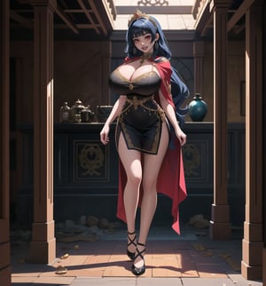 An ultra-detailed 4K masterpiece with fantasy and horror styles, rendered in ultra-high resolution with realistic graphic details. | Daiana, a young 23-year-old woman with huge breasts, is dressed in a Persian princess costume, consisting of a long, flowing purple dress with gold details, a red silk cape, black stockings and low-heeled shoes. golden. She is also wearing a golden circlet with precious stones, silver heart earrings and a black leather bracelet. Her blue hair is long and straight, falling over her shoulders in a half-up hairstyle. ((She has red eyes, which are looking straight at the viewer with a seductive smile, showing her shiny white teeth)). It is located in a macabre destroyed and filthy Persian temple, with rock, concrete and wooden structures. The place is poorly lit, with pipes and machines scattered across the floor. The atmosphere is creepy and uncomfortable, with ominous shadows moving through the hallways and strange sounds echoing through the building. | The image highlights Daiana's sensual figure and the architectural elements of the temple. The rock, concrete and wooden structures, along with the pipes and machines, create an environment of fantasy and horror. Dim, intermittent lights illuminate the scene, creating eerie shadows and highlighting the details of the scene. | Soft, shadowy lighting effects create a tense, fear-filled atmosphere, while detailed textures on skin and clothing add realism to the image. | A frightening and seductive scene of a young woman dressed as a Persian princess in a macabre destroyed temple, exploring themes of fantasy, horror, fear and seduction. | (((The image reveals a full-body shot as Daiana assumes a sensual pose, engagingly leaning against a structure within the scene in an exciting manner. She takes on a sensual pose as she interacts, boldly leaning on a structure, leaning back and boldly throwing herself onto the structure, reclining back in an exhilarating way.))). | ((((full-body shot)))), ((perfect pose)), ((perfect arms):1.2), ((perfect limbs, perfect fingers, better hands, perfect hands, hands)), ((perfect legs, perfect feet):1.2), Daiana has (((huge breasts))), ((perfect design)), ((perfect composition)), ((very detailed scene, very detailed background, perfect layout, correct imperfections)), Enhance, Ultra details, More Detail, ((poakl)),