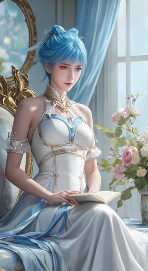 a woman in a white strapless gown, adorned with blue ribbons, is seated on a bed with a book in front of her. She is adorned with a blue bow in her blue hair, adding a pop of color to her attire. The backdrop, a vase filled with flowers, is to the right of the woman, and a window with a white curtain is behind her. To the left of her, a gold mirror is seen, adding depth to the scene. Adjacent to the mirror, a bouquet of white and pink flowers is displayed.