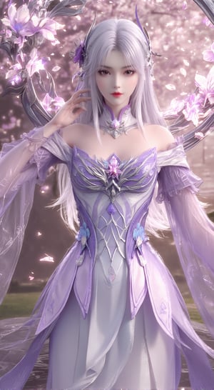 a young Asian woman with long white hair, wearing a purple dress with white embroidery and a pink flower in her right hand. Her left hand is resting on her ear, adding a touch of warmth to her face. The backdrop, a cherry blossom tree is adorned with pink and white flowers, creating a vibrant contrast to her purple and white dress.