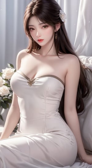 a beautiful Asian woman with long dark brown hair, wearing a white strapless dress adorned with a white rose. She is seated on a white bedspread, her left arm resting on the bedspread. Her right hand is resting on her hip, adding a touch of balance to the scene. The backdrop, adorned with white roses, is adorned with green leaves and stems, adding depth to the composition.