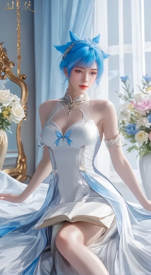 a woman in a white strapless gown, adorned with blue ribbons, is seated on a bed with a book in front of her. She is adorned with a blue bow in her blue hair, adding a pop of color to her attire. The backdrop, a vase filled with flowers, is to the right of the woman, and a window with a white curtain is behind her. To the left of her, a gold mirror is seen, adding depth to the scene. Adjacent to the mirror, a bouquet of white and pink flowers is displayed.