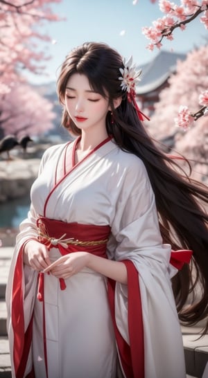 Asian woman in a flowing red kimono, adorned with a headdress adorned with flowers. The woman's hair is styled in a bob, and her eyes are closed. Her dress is adorned with white pearls, and she is flowing a flowing flowing red ribbon. To the right of the woman, a branch of cherry blossoms, adding a touch of color to the scene. To her left, a black bird is flying in the air. The background is a light blue.