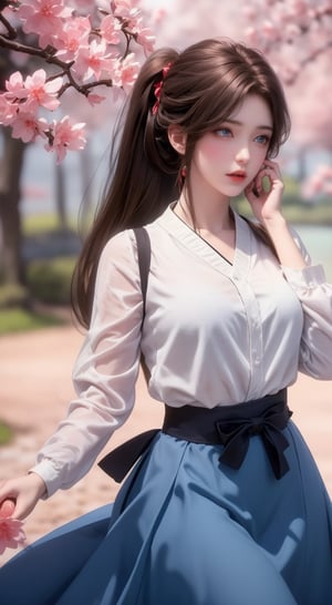 An animated image of a girl with long brown hair and blue eyes. She is wearing a blue dress with a black belt and a white skirt. Her hair is styled in a ponytail and she is holding her hand to her face. There are pink flowers on her head. The background is blurred.