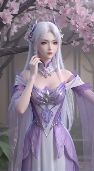 a young Asian woman with long white hair, wearing a purple dress with white embroidery and a pink flower in her right hand. Her left hand is resting on her ear, adding a touch of warmth to her face. The backdrop, a cherry blossom tree is adorned with pink and white flowers, creating a vibrant contrast to her purple and white dress.