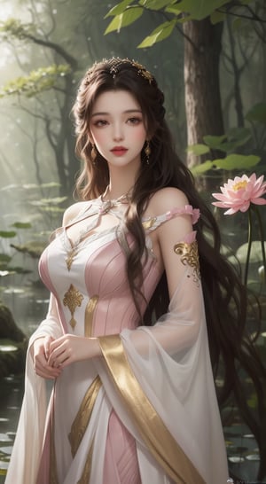 a digital painting captures a woman in a flowing pink dress, adorned with gold accents, holding a pink lotus flower in her hands. The woman's long, wavy brown hair cascades over her shoulders, adding a touch of beauty to the scene. The backdrop, a lush forest of trees, reflects light, creating a peaceful and serene atmosphere.