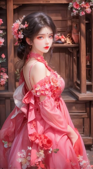 a beautiful Asian woman, dressed in a pink ball gown adorned with ruffles and flowers. Her hair is pulled back in a ponytail, adorned with a flower crown. She stands in front of a wooden cabinet adorned with flowers, adding a touch of beauty to the scene.