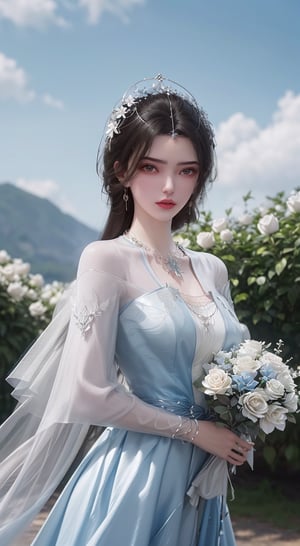 a medium-sized portrait of a woman in a light blue dress, adorned with a necklace and pearls. She is holding a bouquet of white roses, her long dark hair cascades over her shoulders, adding a touch of beauty to the scene. The backdrop is a vibrant blue sky, dotted with white clouds, creating a stark contrast to the blue sky. The woman's dress is adorned in a flowing flowing pattern, adding depth to the overall composition. The text, written in a foreign language, is in a muted blue color, with the word "defphintue" at the top right corner of the frame.