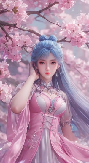 a young Asian woman with long blue hair, wearing a pink dress with white embroidery and a pink flower in her right hand. Her left hand is resting on her ear, adding a touch of warmth to her face. The backdrop, a cherry blossom tree is adorned with pink and white flowers, creating a vibrant contrast to her pink dress.