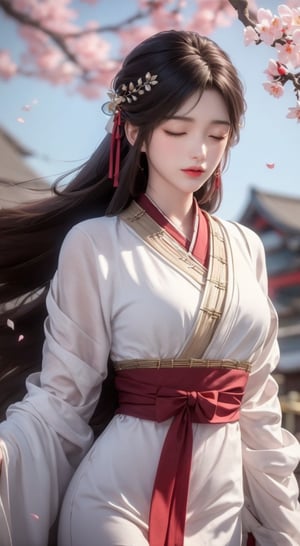 Asian woman in a flowing red hanfu, adorned with a headdress adorned with flowers. The woman's hair is styled in a bob, and her eyes are closed. Her dress is adorned with white pearls, and she is flowing a flowing flowing red ribbon. To the right of the woman, a branch of cherry blossoms, adding a touch of color to the scene. To her left, a black bird is flying in the air. The background is a light blue.