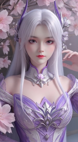 a young Asian woman with long white hair, wearing a purple dress with white embroidery and a pink flower in her right hand. Her left hand is resting on her ear, adding a touch of warmth to her face. The backdrop, a cherry blossom tree is adorned with pink and white flowers, creating a vibrant contrast to her purple and white dress.