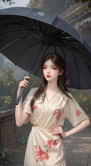 a young Asian woman stands with her left hand on her hip, her right hand holding a black umbrella. She is wearing a cream-colored dress, adorned with a floral pattern, and her hair cascades over her shoulders. Her eyes are adorned with eye lashes, adding a pop of color to her face. The background is blurred, suggesting a natural setting. The umbrella casts a shadow on the left side of the image, adding depth to the composition.