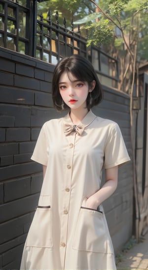 a young Asian woman stands in front of a black metal fence. She is dressed in a cream-colored short-sleeved button-down dress, adorned with a bow at the neck and a pair of earrings. Her hair is styled in a sleek bob, and her bangs are cascading down her right shoulder. The dress is adorned with two pockets on the front, adding a touch of charm to her outfit. Behind her, a black brick wall is visible, with a row of trees in the background. To the right of the woman, a tall metal structure stands, adding depth to the scene.