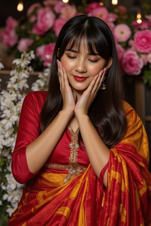 a beautiful Indian woman, dressed in a traditional red and gold saree, adorned with a gold headband. Her hair is long flowing black, adding a touch of beauty to her outfit. She is seated in front of a backdrop of white and pink flowers, her hair cascades down to her shoulders. The saree is adorned in a vibrant red and yellow pattern, with a matching gold embroidery in the center of her chest. Her bangs are adorned with silver rings, adding contrast to her attire. against a kaleidoscope backdrop of fireworks illuminating the night sky. Her bright smile radiates warmth, as she stands with hands cupped around her face, mesmerized by the twinkling lights and colorful explosions, Hasselblad 503CW with infrared film, low exposure, high contrast, ISO 400 (pushed to 800), with a 150mm telephoto lens, v4n3ss4