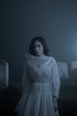 A haunting image of WeeM as a ghost, standing eerily in a dimly lit, foggy graveyard. She wears a transparent, ragged white dress that flows ethereally around her ghostly form. Her expression is melancholic, with a soft, ethereal glow illuminating her face. The composition is centered, with the background blurred to emphasize her spectral presence. The lighting is soft and misty, enhancing the ghostly atmosphere.