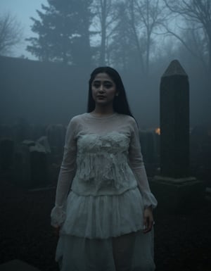 A haunting Medium shot photo of DePe as a ghost, standing eerily in a dimly lit, foggy graveyard. She wears a transparent, ragged white dress that flows ethereally around her ghostly form. Her expression is melancholic, with a soft, ethereal glow illuminating her face. The composition is centered, with the background blurred to emphasize her spectral presence. The lighting is soft and misty, enhancing the ghostly atmosphere. DePe