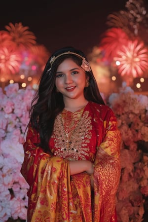 a beautiful Indian woman, dressed in a traditional red and gold saree, adorned with a gold headband. Her hair is long flowing black, adding a touch of beauty to her outfit. She is seated in front of a backdrop of white and pink flowers, her hair cascades down to her shoulders. The saree is adorned in a vibrant red and yellow pattern, with a matching gold embroidery in the center of her chest. Her bangs are adorned with silver rings, adding contrast to her attire. against a kaleidoscope backdrop of fireworks illuminating the night sky. Her bright smile radiates warmth, as she stands with hands cupped around her face, mesmerized by the twinkling lights and colorful explosions, Hasselblad 503CW with infrared film, low exposure, high contrast, ISO 400 (pushed to 800), with a 150mm telephoto lens, 