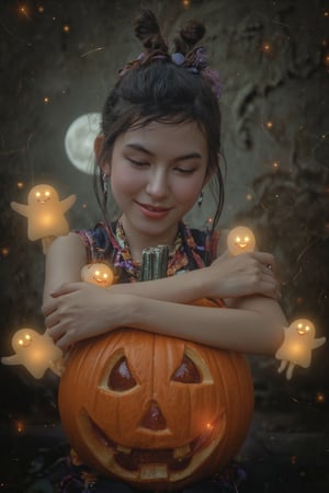 Pumpkin,Pumpkin,Pumpkin!! Adorable anime-style Halloween scene featuring a beautiful 21yo girl hugging a friendly, glowing pumpkin ghost with a warm smile. Small pumpkin ghosts hover around her, playfully floating in the air, their expressions full of joy and mischief. The girl is dressed in a cute, witch-inspired outfit, and the whole scene radiates a fun, cozy Halloween vibe. The colors are vivid and lively, filled with autumn tones like oranges, purples, and soft, glowing yellows. A glowing full moon and swirling stars create a magical background.

The **background** is minimal and out of focus, possibly a textured wall or empty space that doesn't distract from the face. The image uses a very shallow depth of field, keeping all the focus on her face as the background fades into soft shadows. Black and white is used to accentuate the contrast between the deep shadows and subtle highlights that illuminate her face, creating a dramatic and emotional atmosphere.
WeeM
Make sure the image **conveys a sense of authenticity, strength, and vulnerability**. The woman's face should be the only main element, with all the focus on her expression and direct connection with the viewer. The portrait should evoke a sense of timelessness and humanity, in line with the aesthetic Peter Lindbergh used to capture the essence of his subjects without excessive embellishment or retouching.

**Additional elements** are minimal, with no jewelry or heavy makeup. Any hair or clothing adornment should be subtle, keeping the focus on facial expression and natural skin details. The photograph should be striking in its simplicity, highlighting the woman's inner beauty and strength.,WeeM