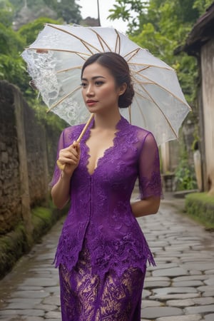 A stunning Indonesian woman stands on a worn cobblestone path in a Balinese village, her right hand grasping a delicate white umbrella with a unique textured design on its left side. She wears a breathtaking low-cut purple kebaya adorned with intricate lace patterns, her traditional Balinese bun styled hair a perfect complement to her serene expression. The blurred background creates a sense of calm, drawing the viewer's attention to the beauty and elegance of the subject.

MGR,Payal