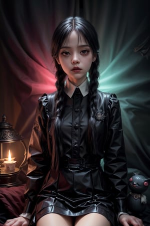 》 ((Fantasy and Horror)) game world, Chibi ((The Addams Family (Wednesday))) Ghibli-style navigation, interactive holographic elements, ((Kawaii)) aesthetic, magical bright colors, dynamic composition, ((whimsical) ) games)) ((Ghibli-inspired art)), AIDA_LoRA_valenss,wednesday_addams