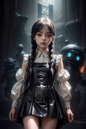 》 ((Fantasy and Fantasy)) game world, chibi ((Addams Family (Wednesday))) Ghibli-style navigation, interactive holographic elements, cute robot companions, ((kawaii)) aesthetic, magical bright colors , dynamic composition, ((whimsical) ) game)) ((Ghibli-style art)), AIDA_LoRA_valenss,wednesday_addams